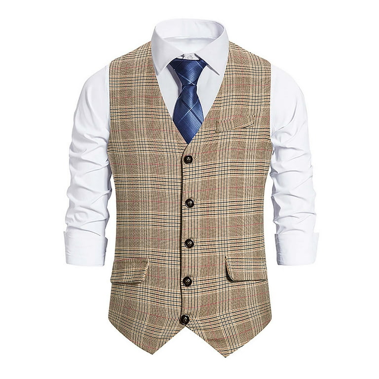 JustVH Men Gentleman Waiter Costume Plaid Single Breasted Waistcoat Sleeveless Suit Vest