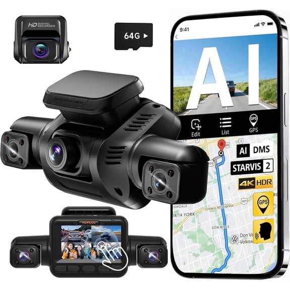 HUPEJOS STARVIS 2 4K Dash Cam with Driver Monitoring System, 360° 4 Channel Dashcam Front and Rear Inside, 3" Touch Screen Car Camera, 64G Card Included, 5G Wi-Fi GPS, HDR Night Vision,  Parking Mode