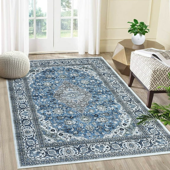 Garvee Persian 8'x10' Floral Rug Vintage Washable Area Rug Low Pile Non-Slip Area Rug Indoor Print Distressed Area Rug for Home Decor, Blue/Multi