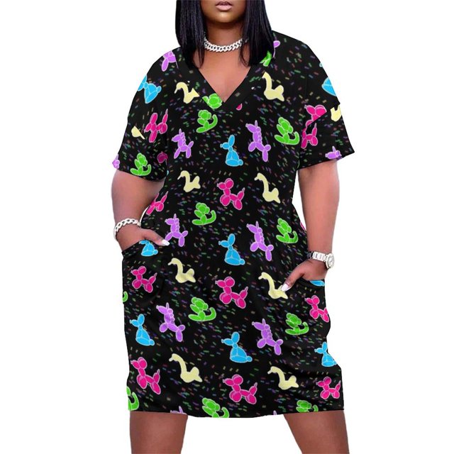Vestido holgado de bolsillo negro con estampado clásico de animales y globos. Vestido de verano para mujer. Vestidos largos.
