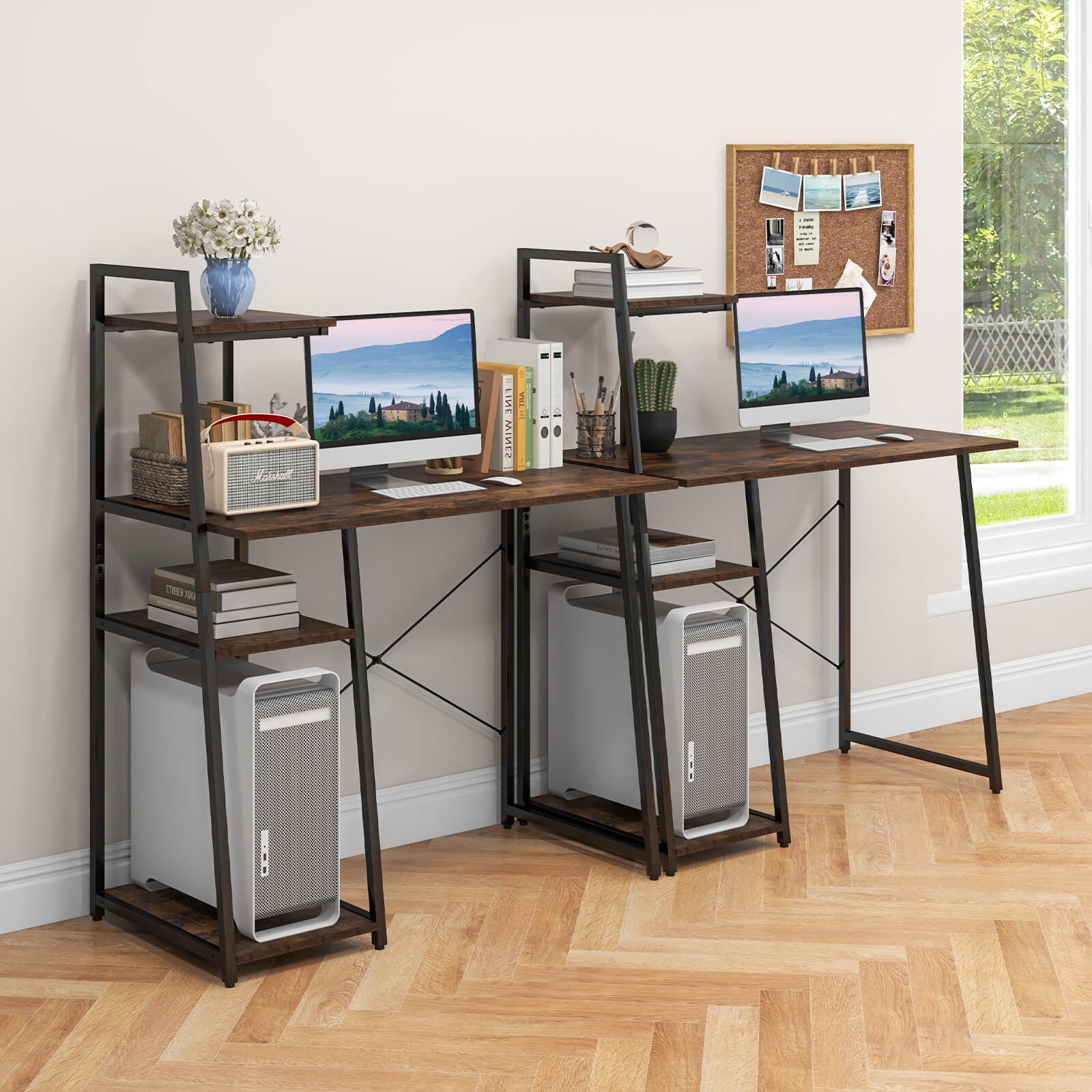 Costway Modern Computer Desk with 3-tier Storage Shelf CPU Stand Metal Frame for Bedroom