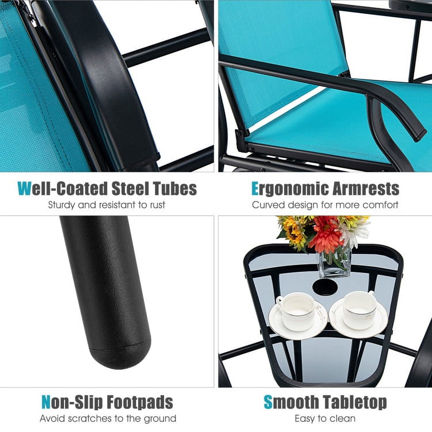 Aimee Lii Patio Conversation Sets, Double Swing Glider Rocker Chair Set with Glass Table, Turquoise