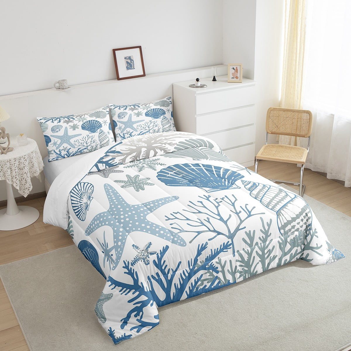 Nautical Coastal Comforter Set Blue Ocean Beach Twin Bedding Comforter Sets ,Seashell Starfish Quilt Conch Shell Coral Duvet Insert,Plain White Blue Room Decor