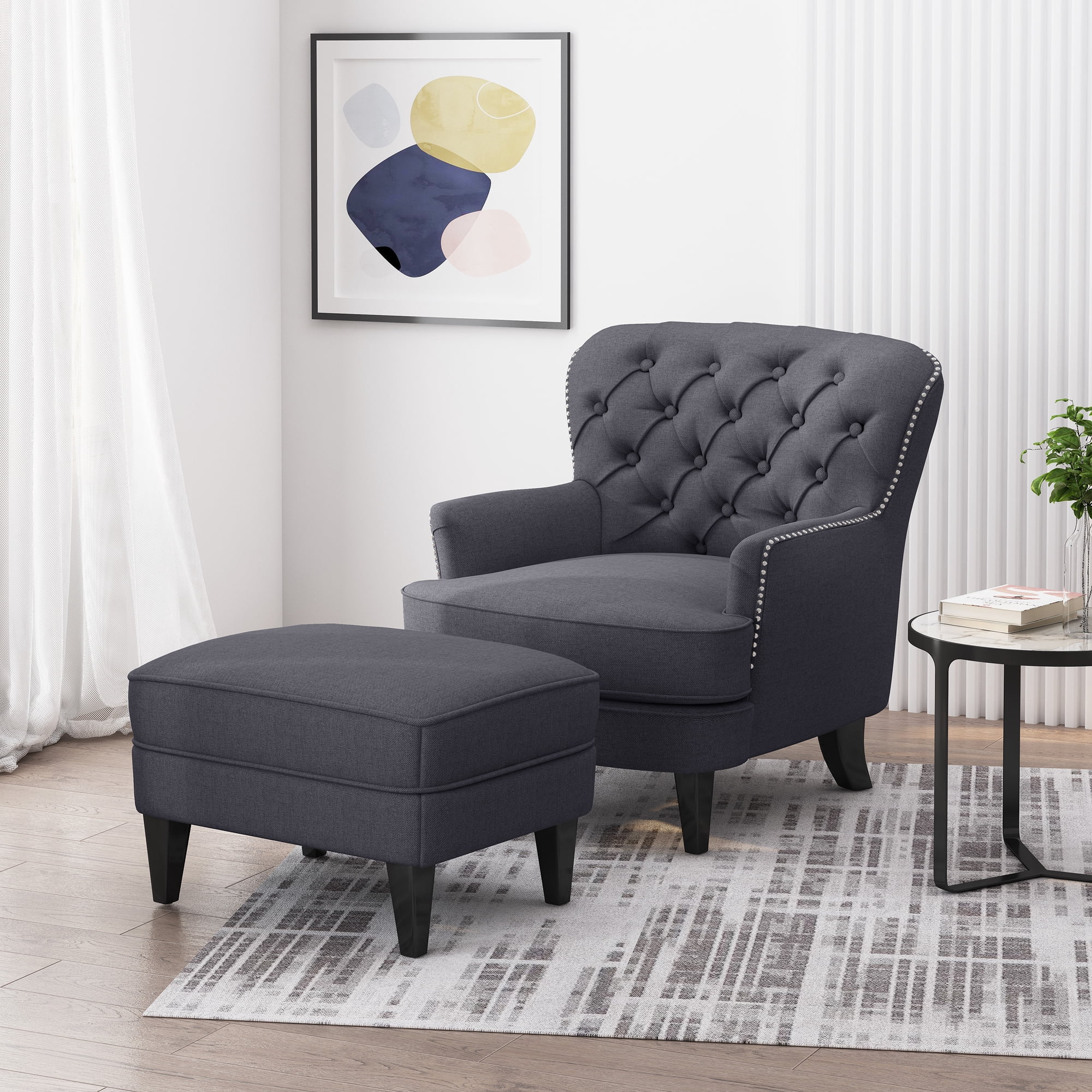 grey fabric club chair and product
