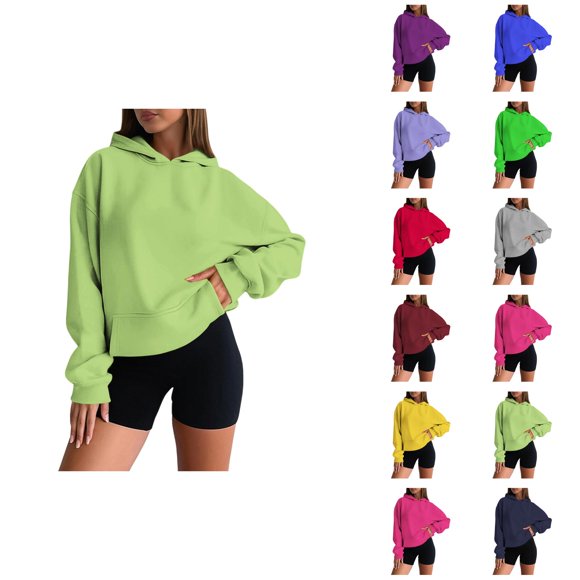Drop Shoulder Hoodie Long Sleeve Solid Basic Hoodie Hooded Sweatshirt with Pockets Pullover Hoodies for Women