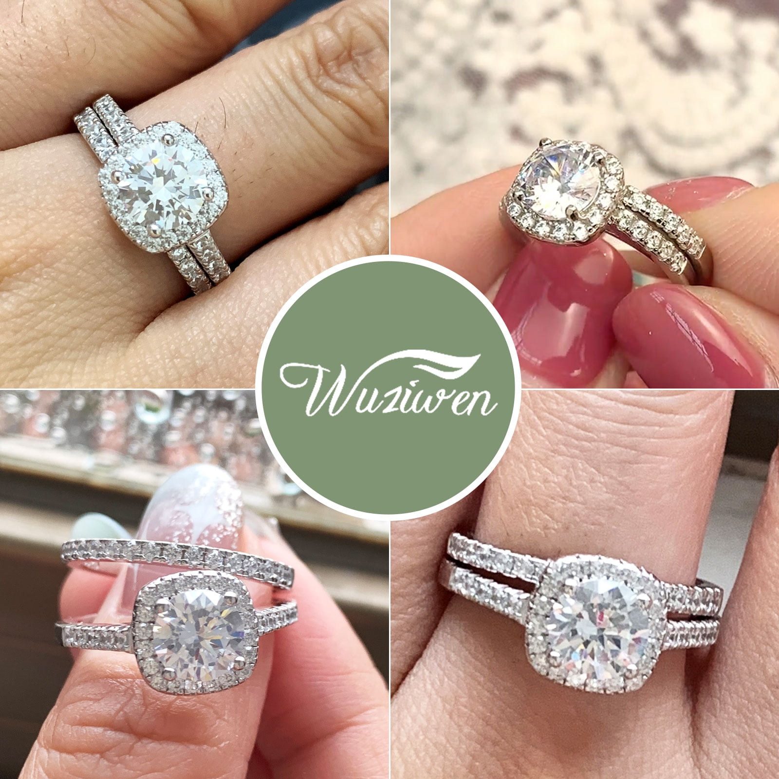 Wuziwen 2Ct Round Cut Wedding Rings for Women Halo Engagement Ring Sets 925 Sterling Silver CZ Size 7