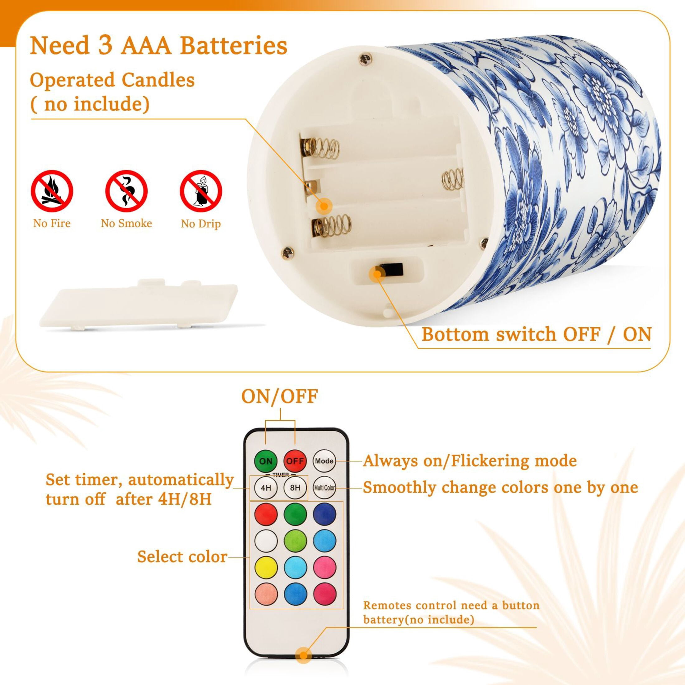 Flower Pattern Set of 2 Flameless LED Candles Remote and Timer Indoor Outdoor