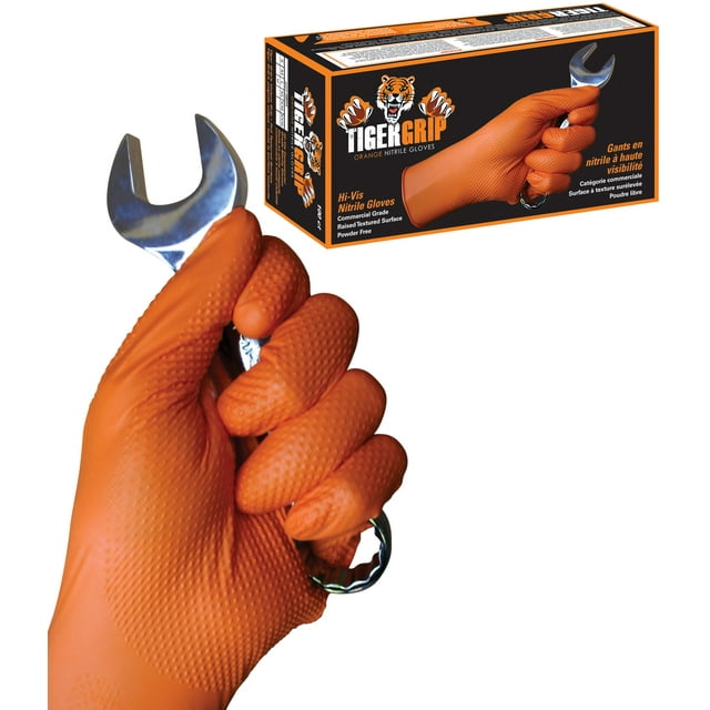Guante de nitrilo EPPCO TigerGrip de 8 mil, guantes desechables en polvo, sin látex, texturizados, de agarre superior, color naranja, caja mediana de 100