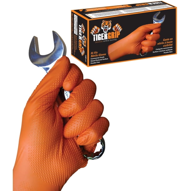Guante de nitrilo EPPCO TigerGrip de 8 mil, guantes desechables en polvo, sin látex, texturizados, de agarre superior, color naranja, caja mediana de 100