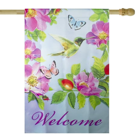 UPC: 0195271000399 | Northlight Welcome Hummingbird Floral Outdoor House Flag 28  x 40