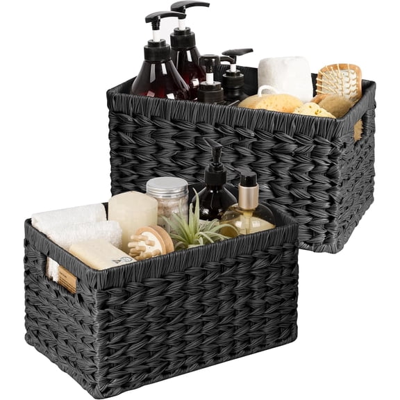 GRANNY SAYS Wicker Storage Baskets for Shelves, Waterproof Woven Baskets for Organizing, Hand Woven Rectangle Basket for Pantry, Black, 2-Pack