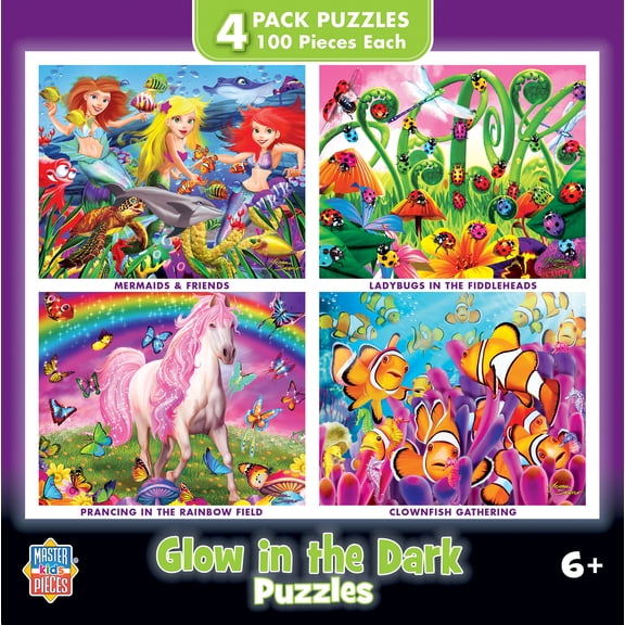 MasterPieces Glow in the Dark 100 Piece Puzzle Set - Educational Fun 4-Pack