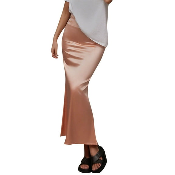 Npasoilc Satin Fishtail Hem Midi Skirt for Women Solid Color High Waist Flared Flowy Elegant Summer Half Skirt