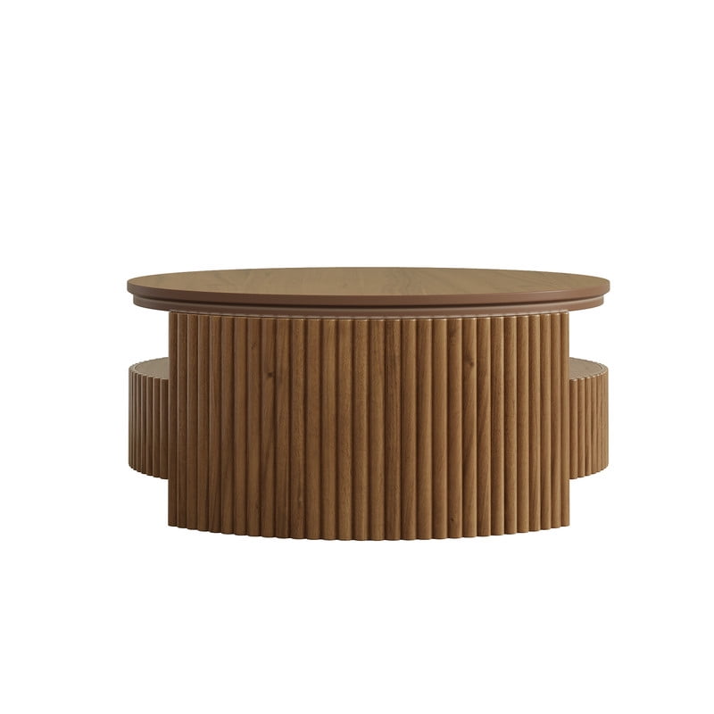 30.3'' Round Fluted Coffee Table with Dual Hidden Storage Drawers, 2-Tier Design Center Cocktail Table with Open Shelf