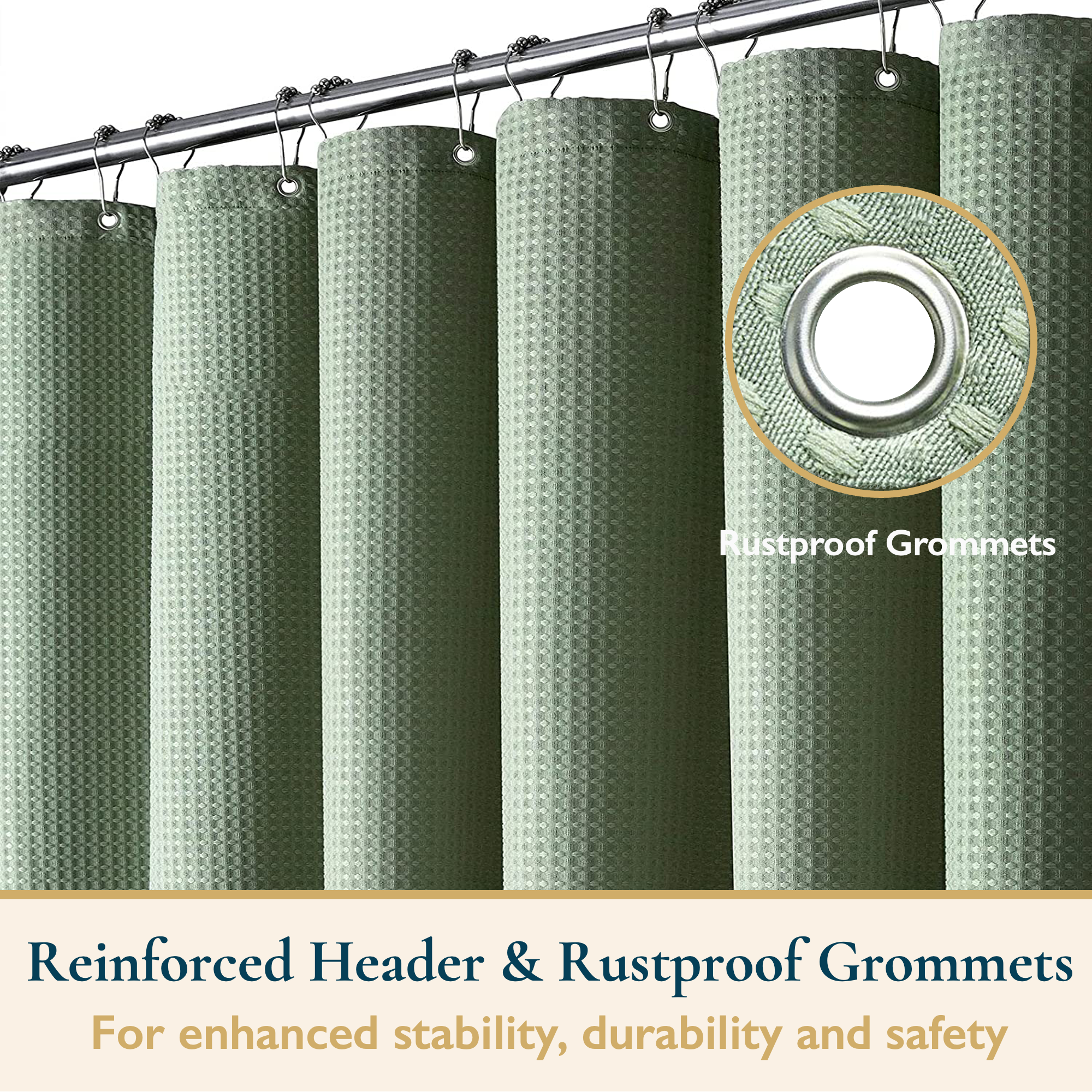 ComfiTime Fabric Shower Curtain With Hooks, 72x72, Green Embossed photo 7