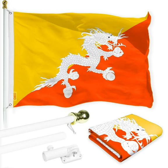 G128 Combo Pack: 6 Ft Tangle Free Spinning Flagpole (White) & Bhutan Flag 3x5 Ft Printed 150D Polyester, Brass Grommets (Flag Included) Aluminum Flag Pole