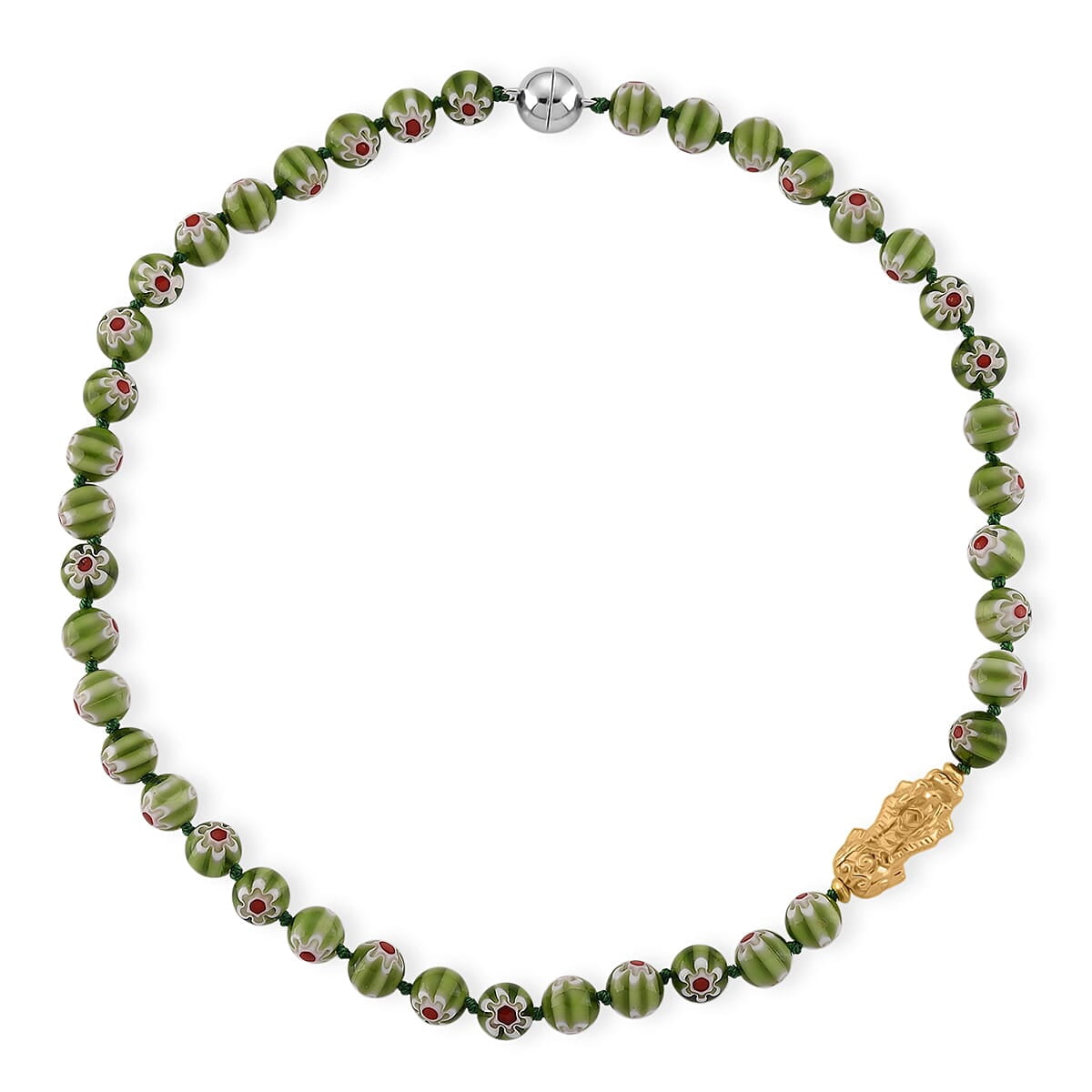 Green Color Murano Style Beaded Necklace with Pixiu Charm in Goldtone 20 Inches