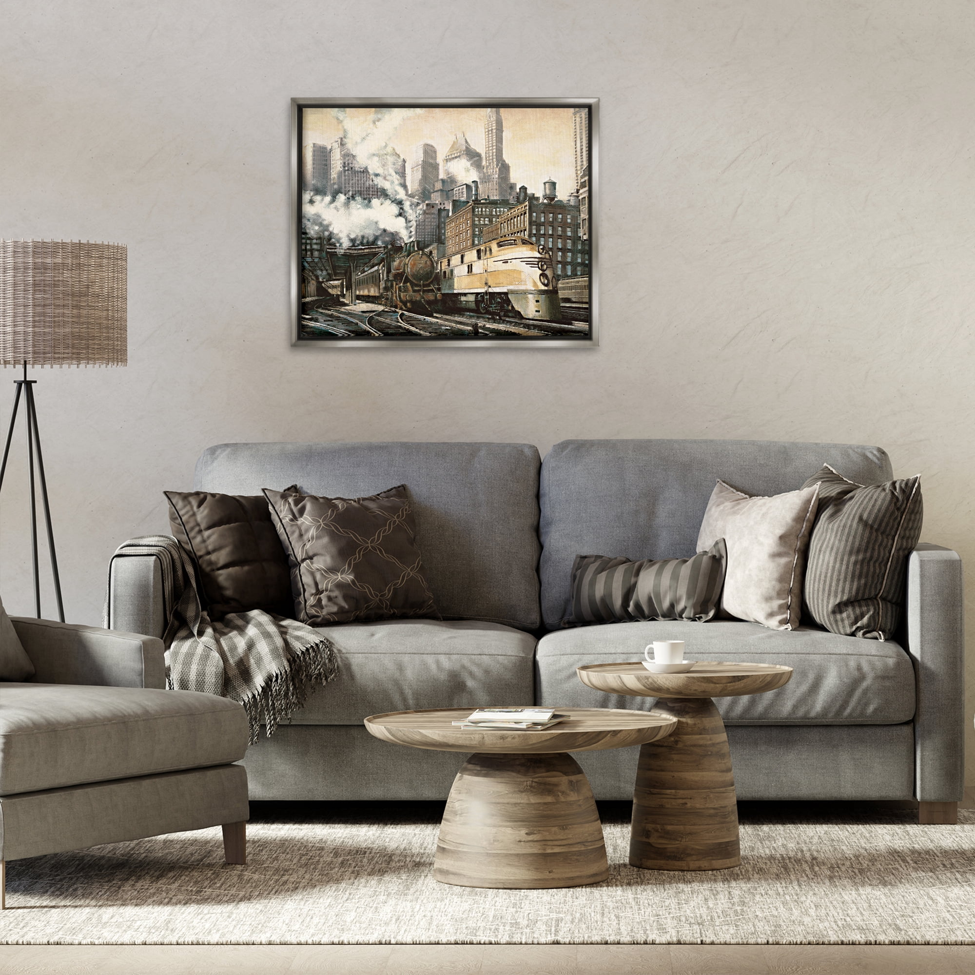 Stupell Industries Urban Steam Train Scenery Painting Gray Floater Framed Art Print Wall Art, 31 x 25