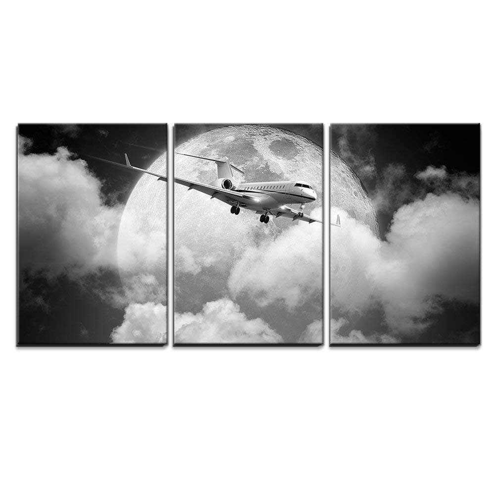 Wall26 3 Piece Canvas Wall Art Small Private Jet Aircraft in a Night Sky. Monochrome, Square