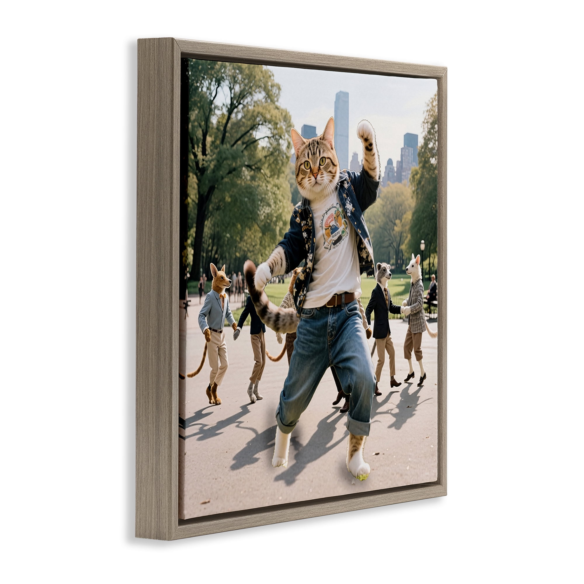 Stupell Industries Stylish Cat Dancing in Park Brown Framed Floater Canvas Wall Art, design by CAD Designs