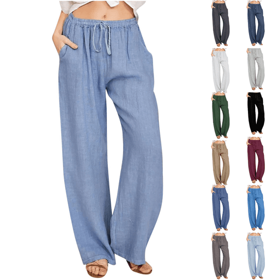 yoeyez Summer Baggy Pants for Women Cotton Linen Casual Pants Drawstring Elastic Waist Flowy Pant Comfy Lounge Pants with Pockets Sky Blue,L