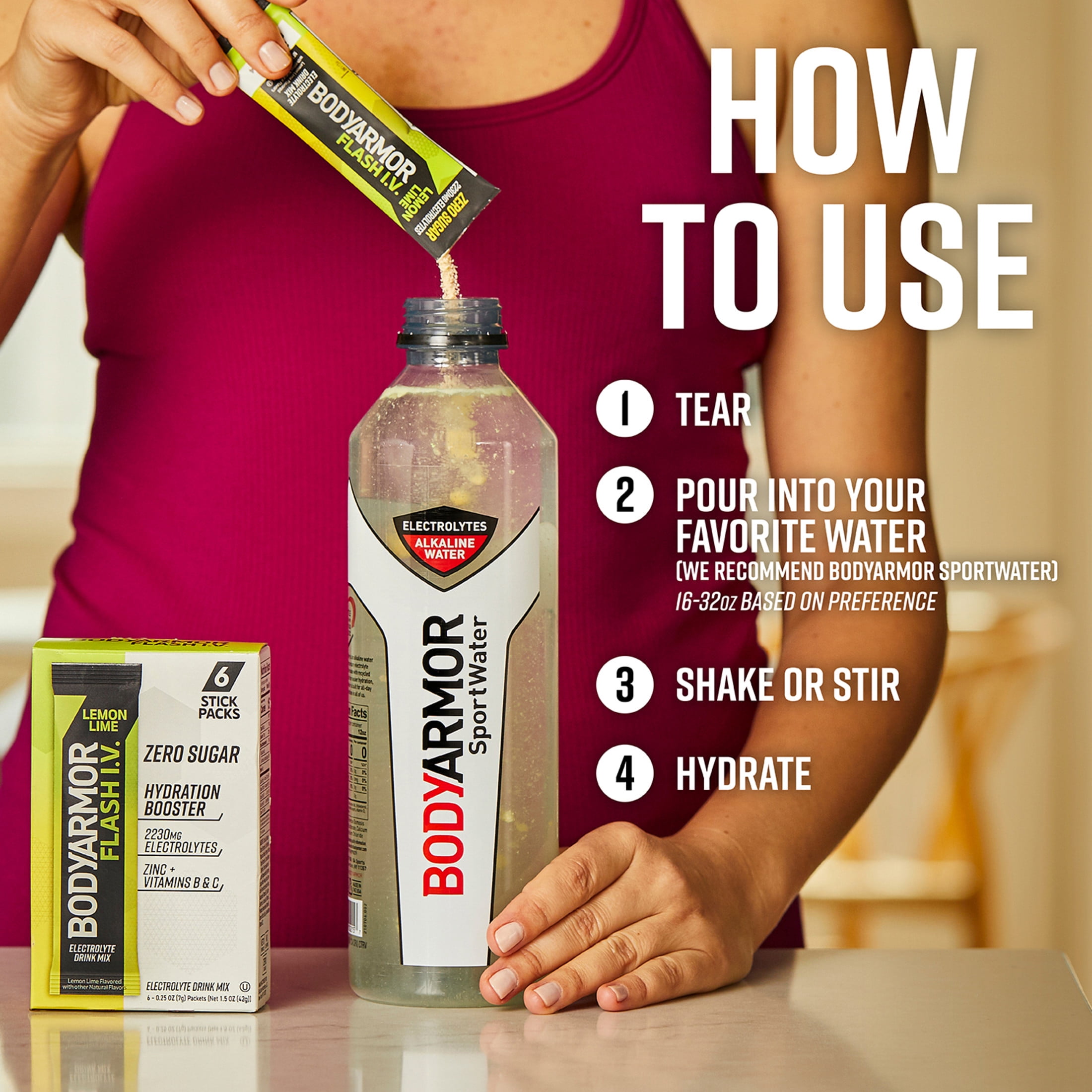 BODYARMOR Flash I.V. Lemon Lime Zero Sugar Electrolyte Powder Mix, 0.25 dry oz, 15 Pack