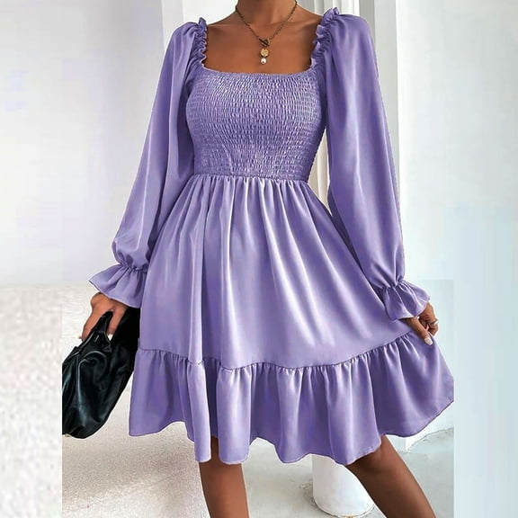 Women's Long Sleeve Dress, Flared Hem and Square Neck Chiffon Dress for Casual Wear