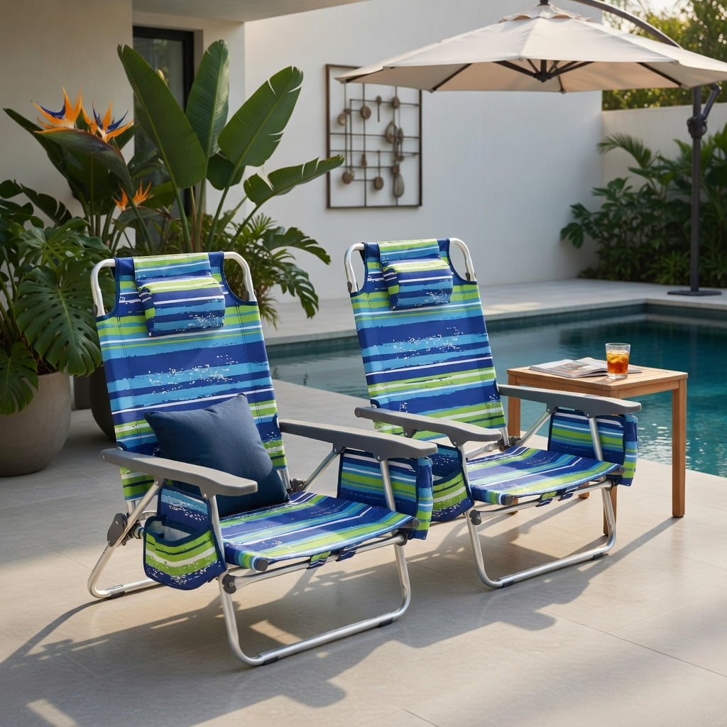 Hommoo 2-Pack Foldable Beach Chair with Pillow, 5-Position Reclining Outdoor Lounge Chair for Beach, Pool & Camping, Blue