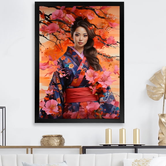 Designart "Magic Tree and Asian Woman Portrait" Fashion Framed Wall Art - Glam Pink Woman Asian Hallway Framed Wall Art Decor