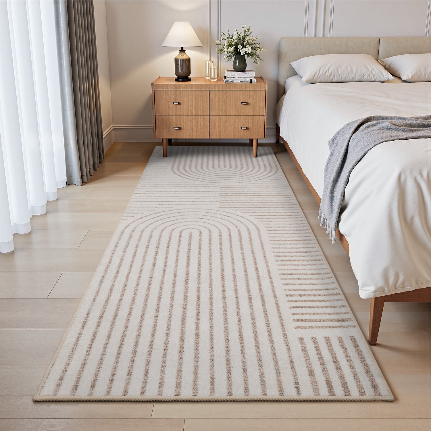 VUNATE 2'x6' Runner Rug Boho Washable Kitchen Rug Modern Jacquard Textured Rugs Soft Geometric Rug for Bedroom Mid Century Non-Slip Table Runner Perfect for Dining Room Laundry Beige