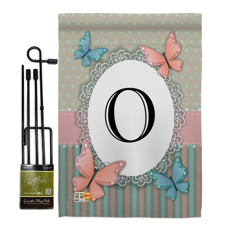 Butterflies O Initial Garden Friends Bugs & Frogs Impressions Decorative Vertical 13" x 18.5" Double Sided Flag Set Metal Pole Hardware