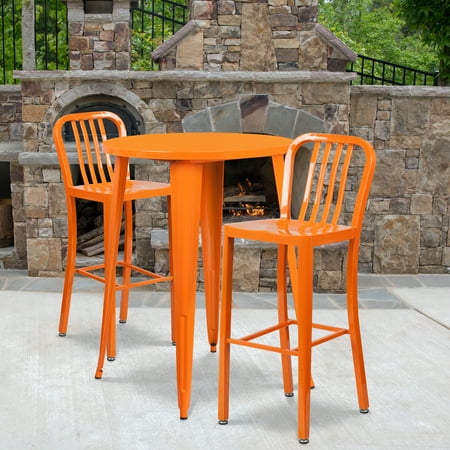 Flash Furniture Commercial Grade 30" Round Orange Metal Indoor-Outdoor Bar Table Set with 2 Vertical Slat Back Stools