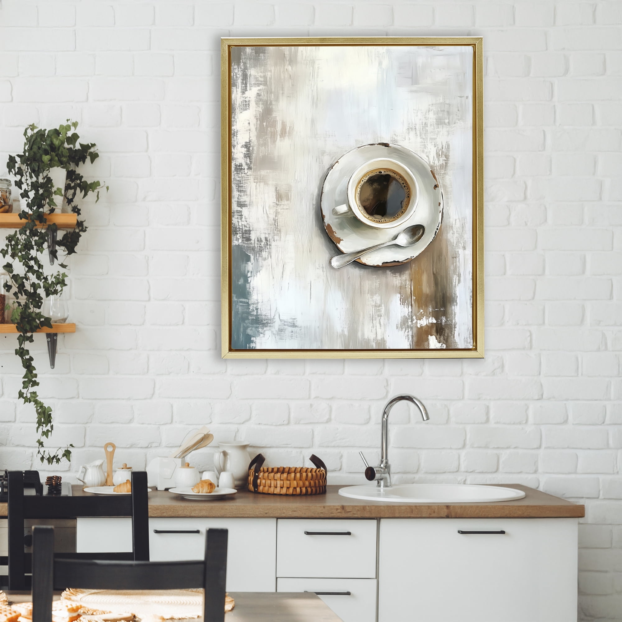 Stupell Industries Neutral & Rustic Cup of Coffee Gold Framed Floater Canvas Wall Art, design by LSR Design Studio