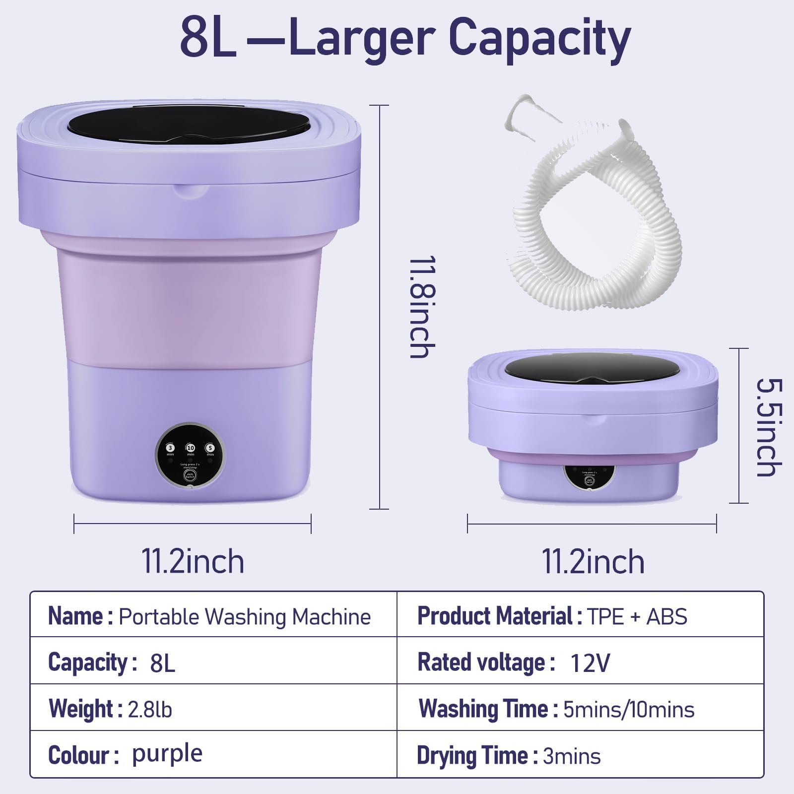 Portable Washing Machine, 8L Foldable Mini Washer with 3 Modes - Ideal for Underwear, Baby Clothes, Socks - Perfect for RVs, Apartments, Dorms & Travel, Lightweight & Space-Saving Design