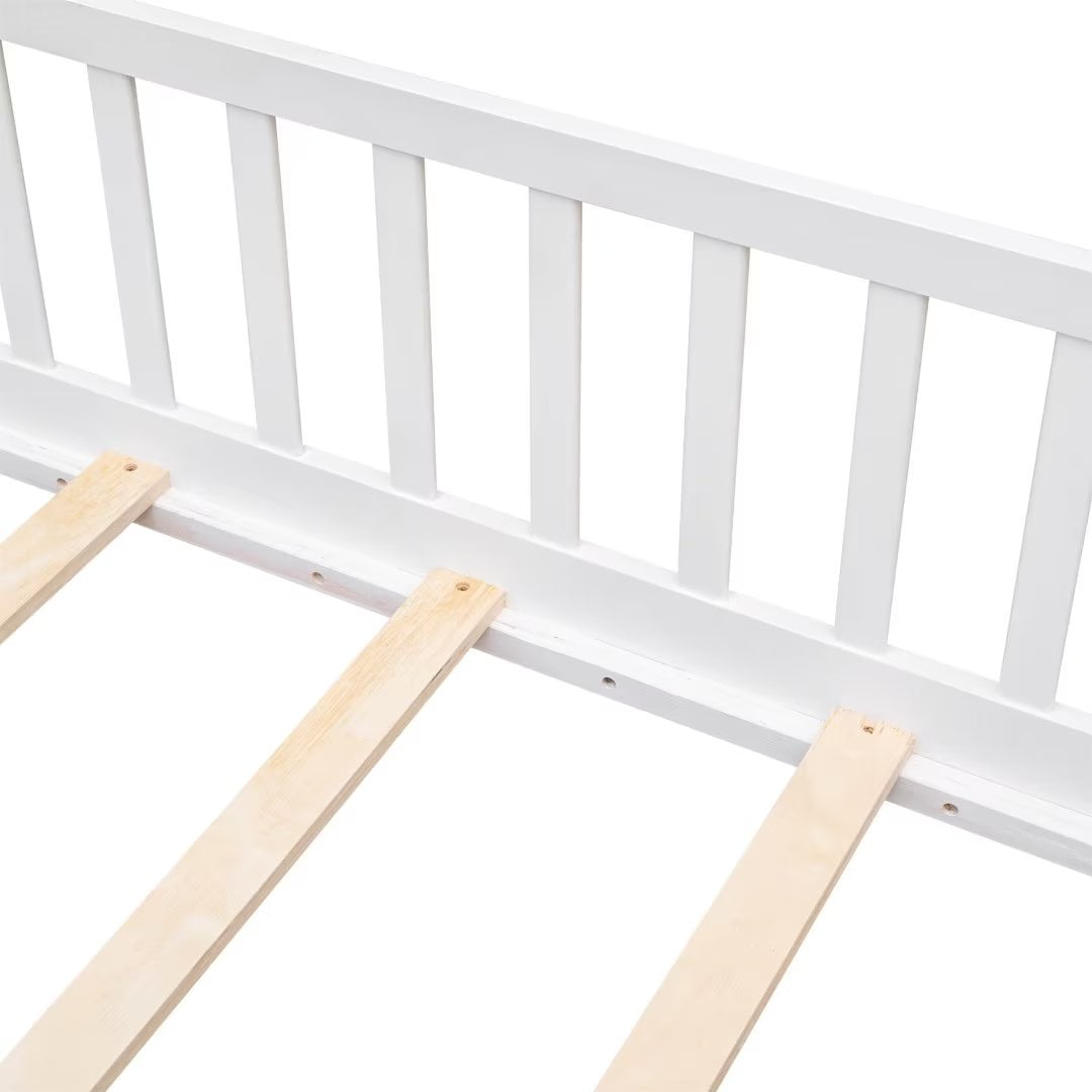 Full Size Floor Bed for Kids, Wood Full Montessori Bed Frame with Fence Guardrails and & Support Slats, Full Playhouse Bed with Door Design, Kids Fence Bed Playpen Bed for Toddler, Boys ,Girls, White