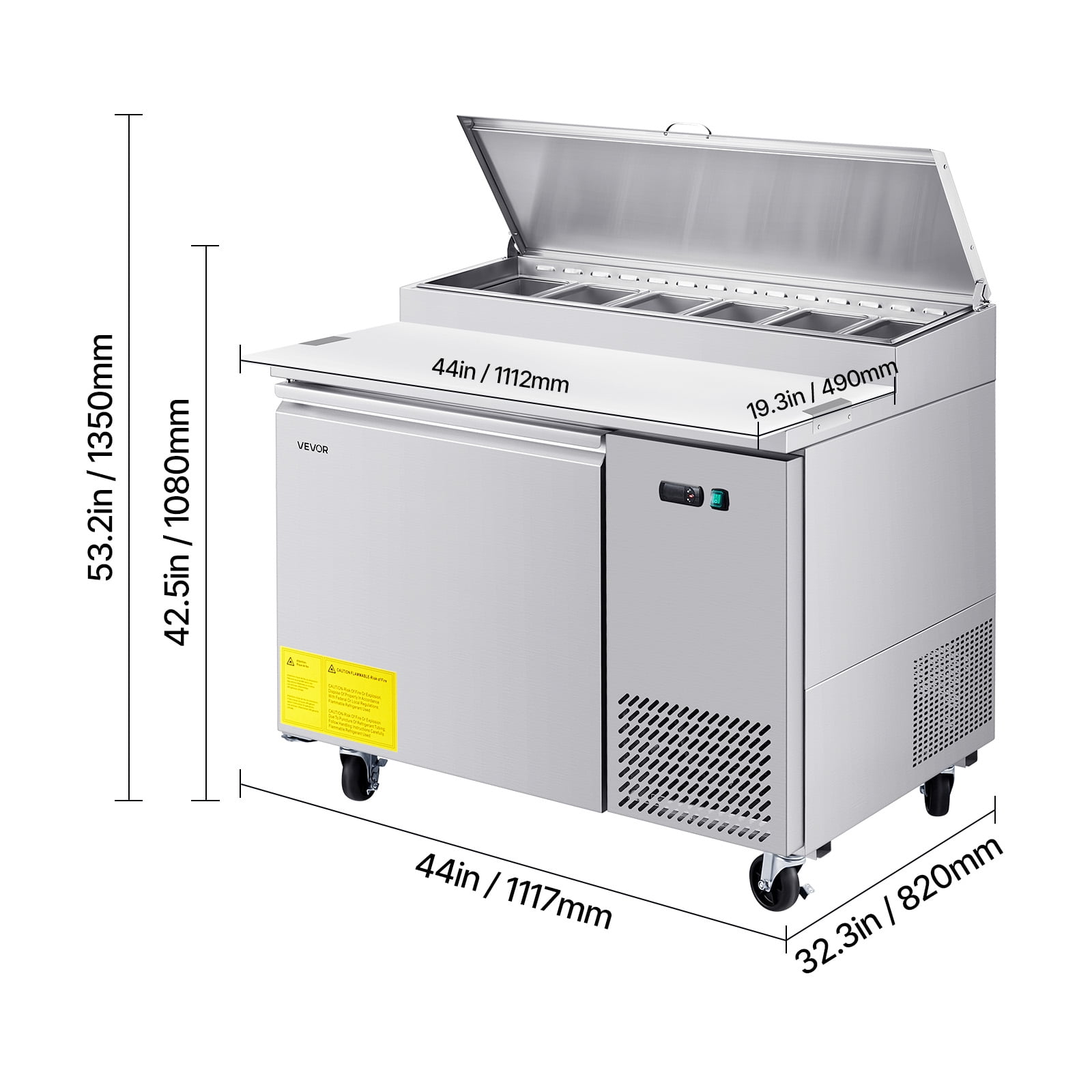 VEVOR Commercial Refrigerator, 44" W Pizza Prep Refrigerated Table, 20" Ultra Wide Countertop Food Prep Worktable,11 Cu.Ft Single Door Salad Prep Fridge,6 Pans