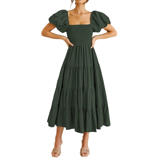 Vestido midi PRETTYGARDEN para mujer, manga corta, acolchado, verde militar