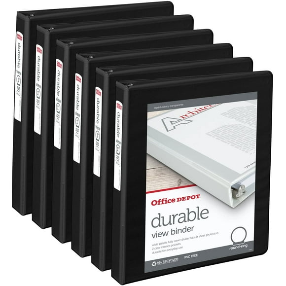 Office Depot Brand Durable Round-Ring View Binders 1"" Rings Black Pack of 6 Binders