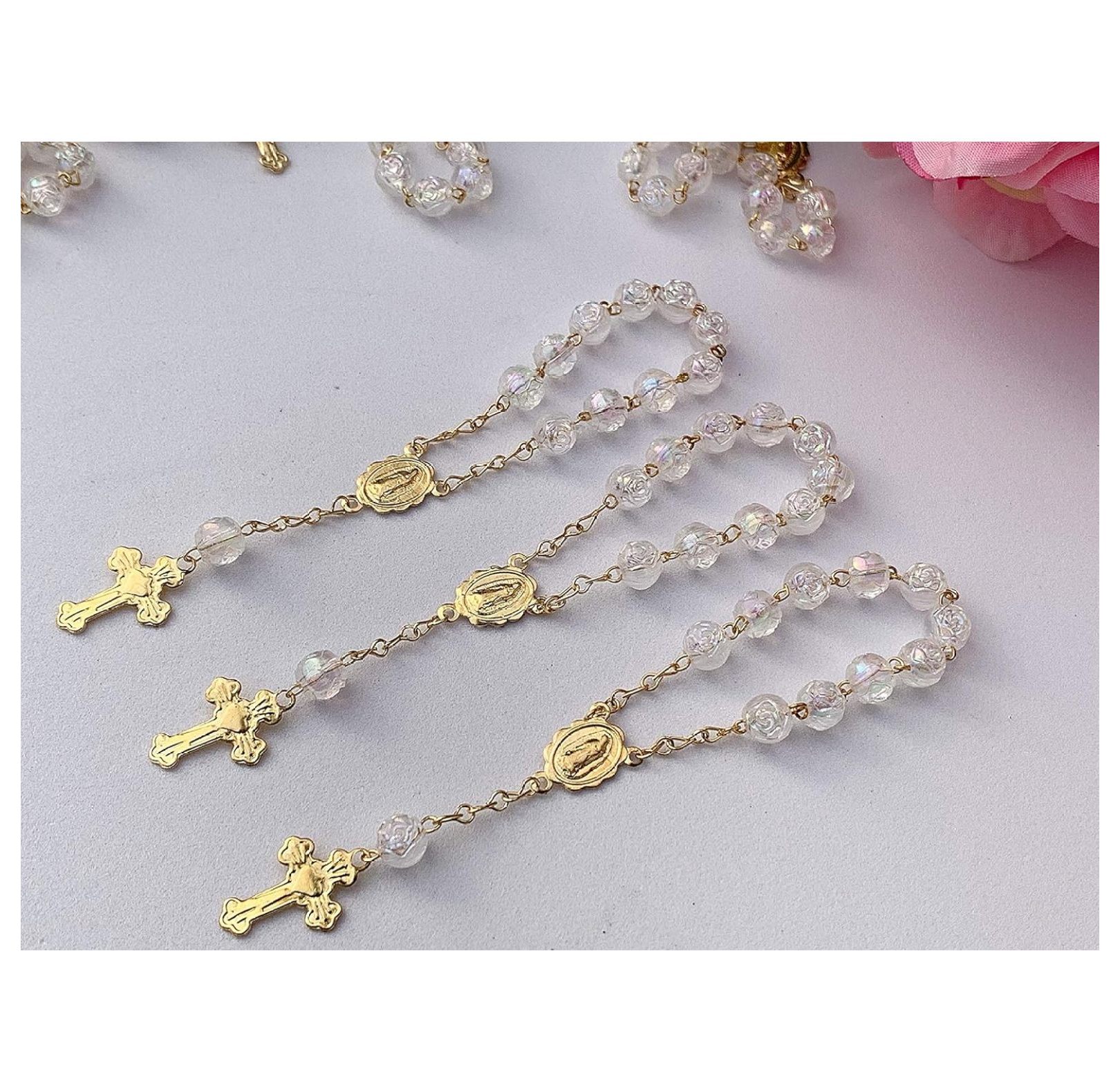 100 mini rosaries baptism favors wholesale Clear acrylic with AB finish/recuerdos para bautizo en color clar0 con terminado tornasol/Christening Favors/communion favors
