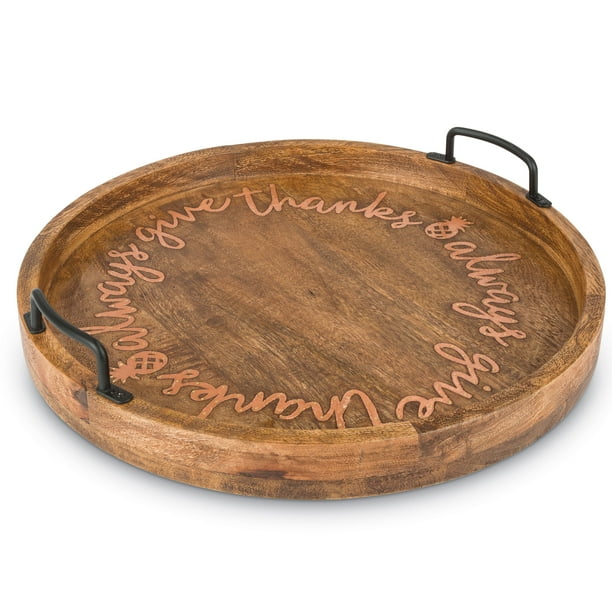 18Inch, Round Mango Wood Serving Tray with Copper Inlay Message