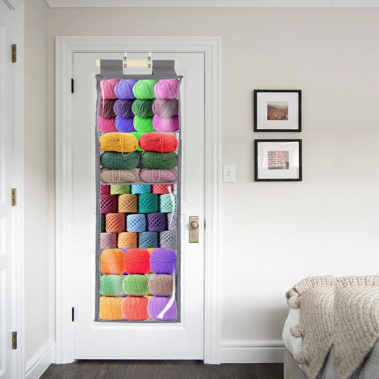 ABPETE Hanging Yarn Storage with 4 Large Pockets - Clear Knitting Organizer with Zippers for Crochet Lovers, Hanging Yarn Holder with Over-Door Hooks for Knitting Needles & Crochet Hooks (Gray)