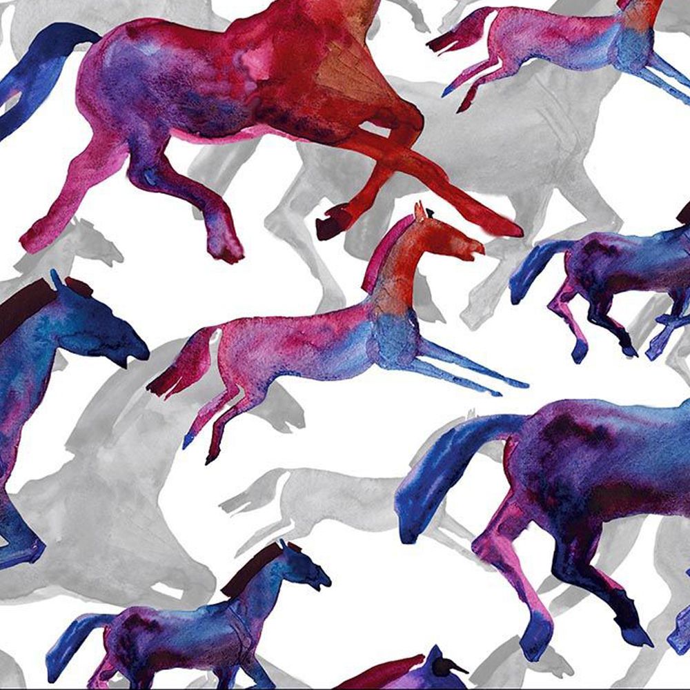 FREE SHIPPING!!! Painted Horses Design Printed on 100% Cotton Quilting Fabric for DIY Projects by the Yard (Blue, Red, Purple)