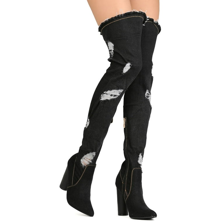 New Women Cape Robbin Paw 42 Ripped Denim Thigh High Block Heel Boot Walmart