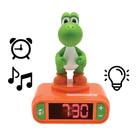 Lexibook, Super Mario, Yoshi Nightlight Alarm Clock, Sounds and Melodies, LCD Backlit Screen, Luminous, Snooze, Red/Green