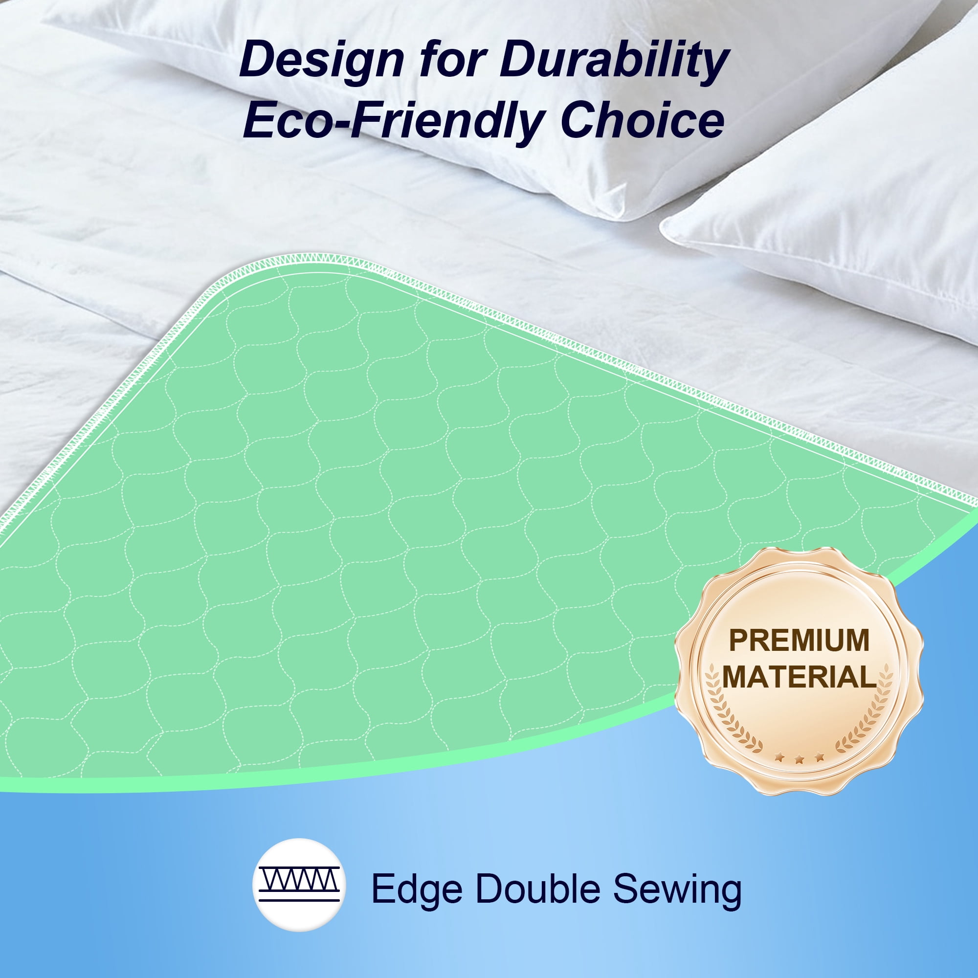 BOKYAN Washable Bed Pads 2 Pack 34"x 52", Reusable Incontinence Underpads with Extra Absorbency for Diaper Changing, Pee Pads, Puppy Pads, Waterproof Floor Protector, Green and Blue