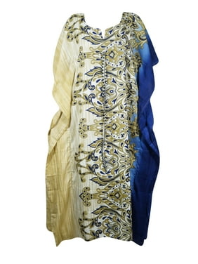 Mogul Women Beige,Blue Maxi Kaftan V-Neck Printed Kimono Sleeves Resort Wear Housedress Holiday Caftan Dresses 2X