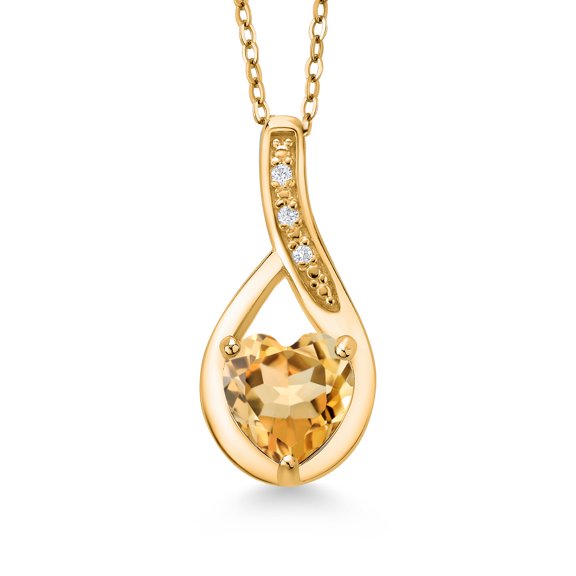 Gem Stone King 18K Yellow Gold Plated Silver Yellow Citrine and White Lab Grown Diamond Necklace for Women (1.02Cttw, GemstoneNovember Birthstone, Heart Shape 7X7MM, with 18 inch Chain)