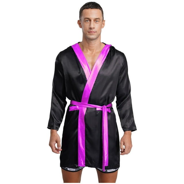 YiZYiF Boxing Robe for Mens Satin Hooded Open Front Metallic Trim Cloak with Belt Black Hot Pink 16