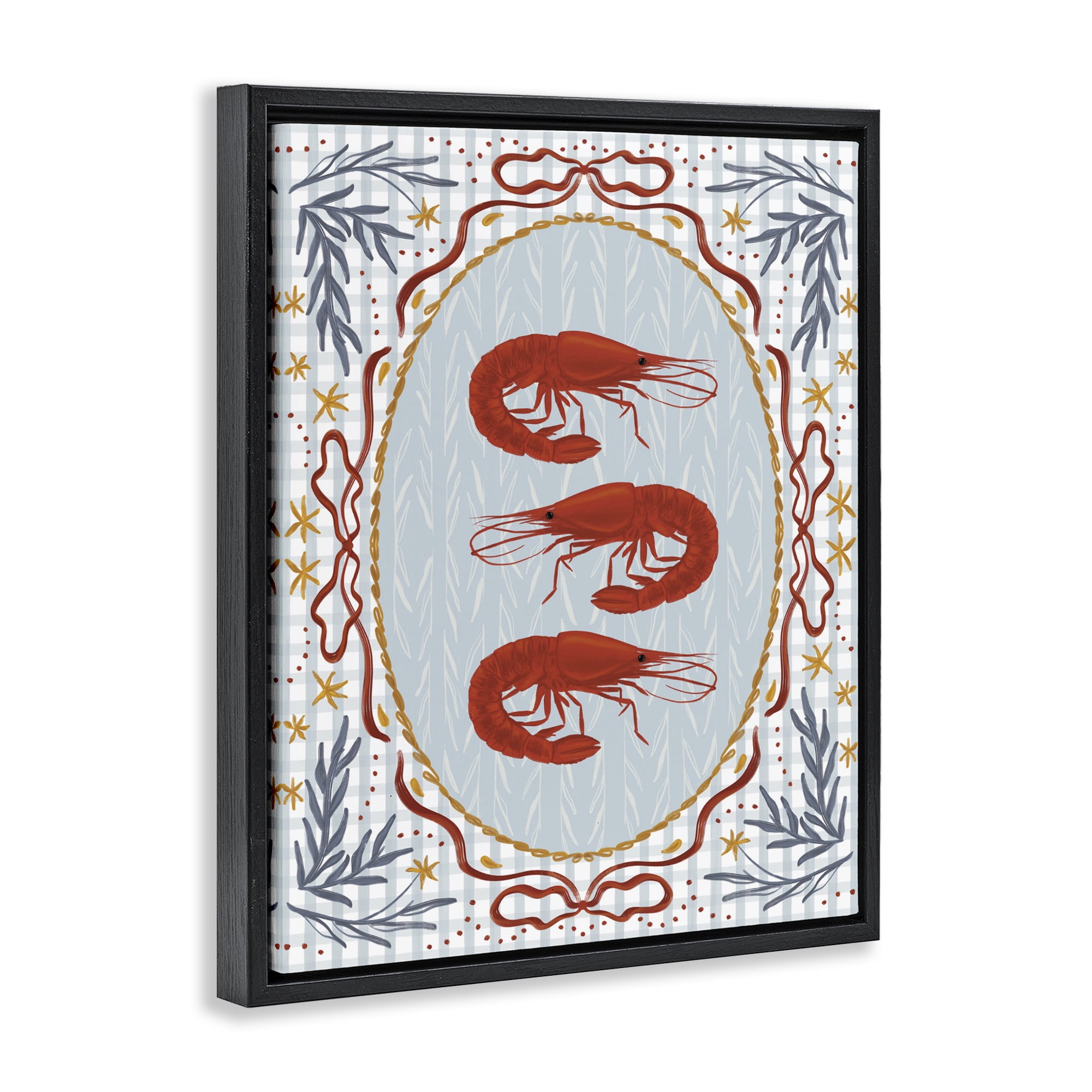 Stupell Industries Three Red Prawns on Gingham Black Framed Floater Canvas Wall Art, design by Vero Illustrates