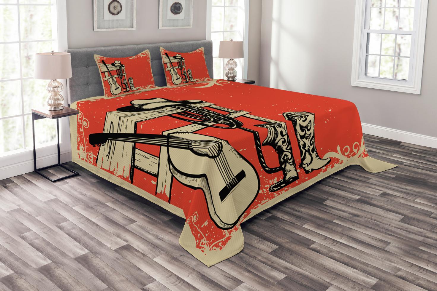 Western Bedspread Set, Image of Wild West Elements with Country Music